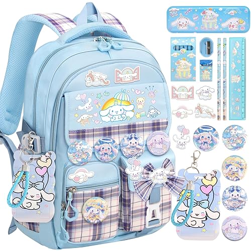 KIEAL 16.5/19IN School Backpack for Girls with 24Pcs Accessories, Anti-Theft Kids Backpack for Students, New Semester Presents with Pins and Card Holder
