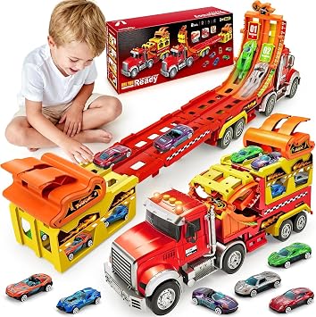 Toys for 3 4 5 6 7 8 Years Old Boys, Carrier Truck Transport Car with Lights Sounds, Foldable Layer Car Race Track Playset with Race Track, 6 Metal Toy Cars, Christmas Birthday Gift for Age 3-8