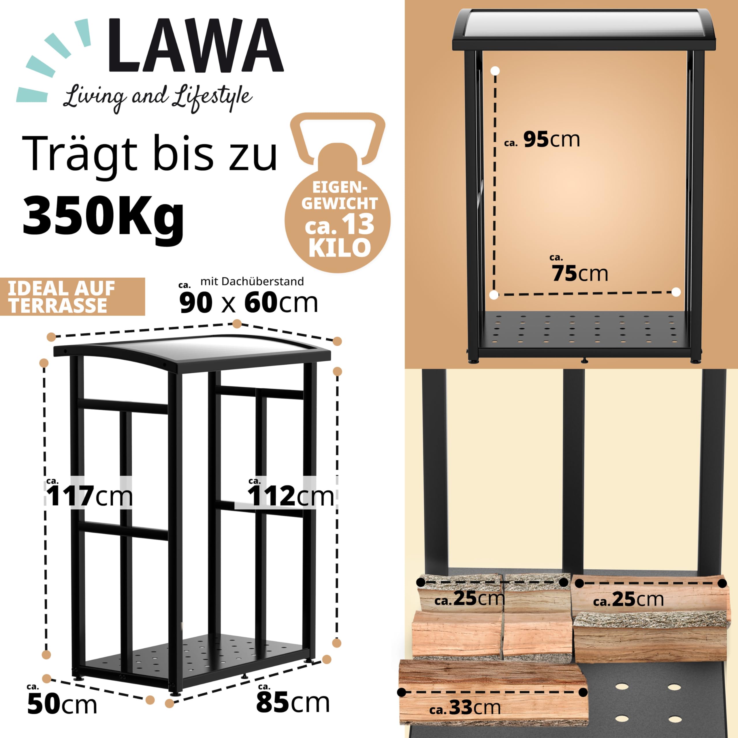 Kaminholzregal Metall klein 91×56×117cm | verzinkte Stapelhilfe für Brennholz, platzsparend, Stellfüße, Design, Terrasse, Garten, Balkon