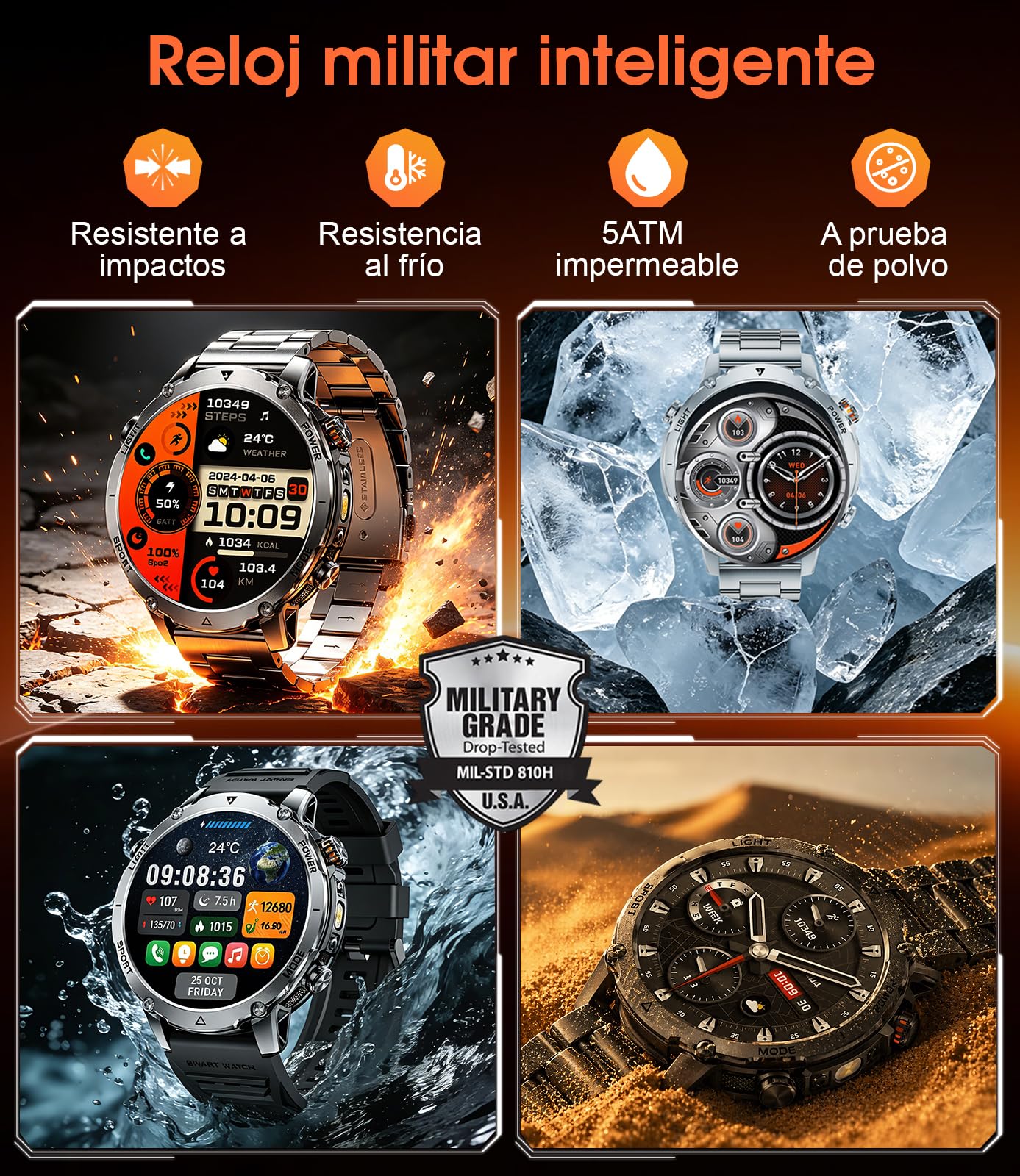 Smartwatch Hombre, Batería 1400mAh Larga Duración, Pantalla HD 1,7", 120 Modos Deportivos, Llamadas Bluetooth, IP68 Impermeable,Compatible Android iOS,Gris