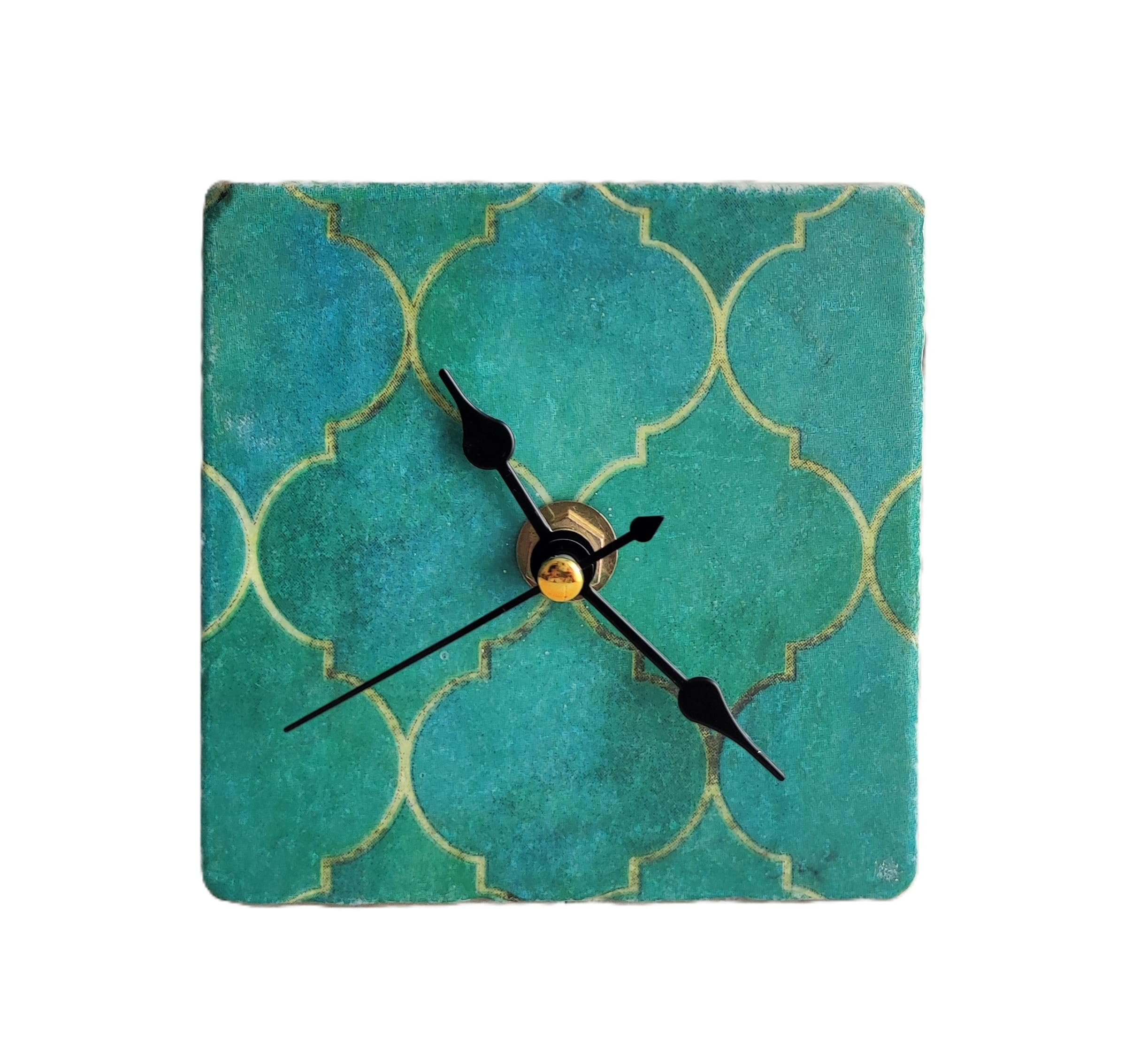 Devinita Handmade marble tile clock with oriental motif, including wooden stand