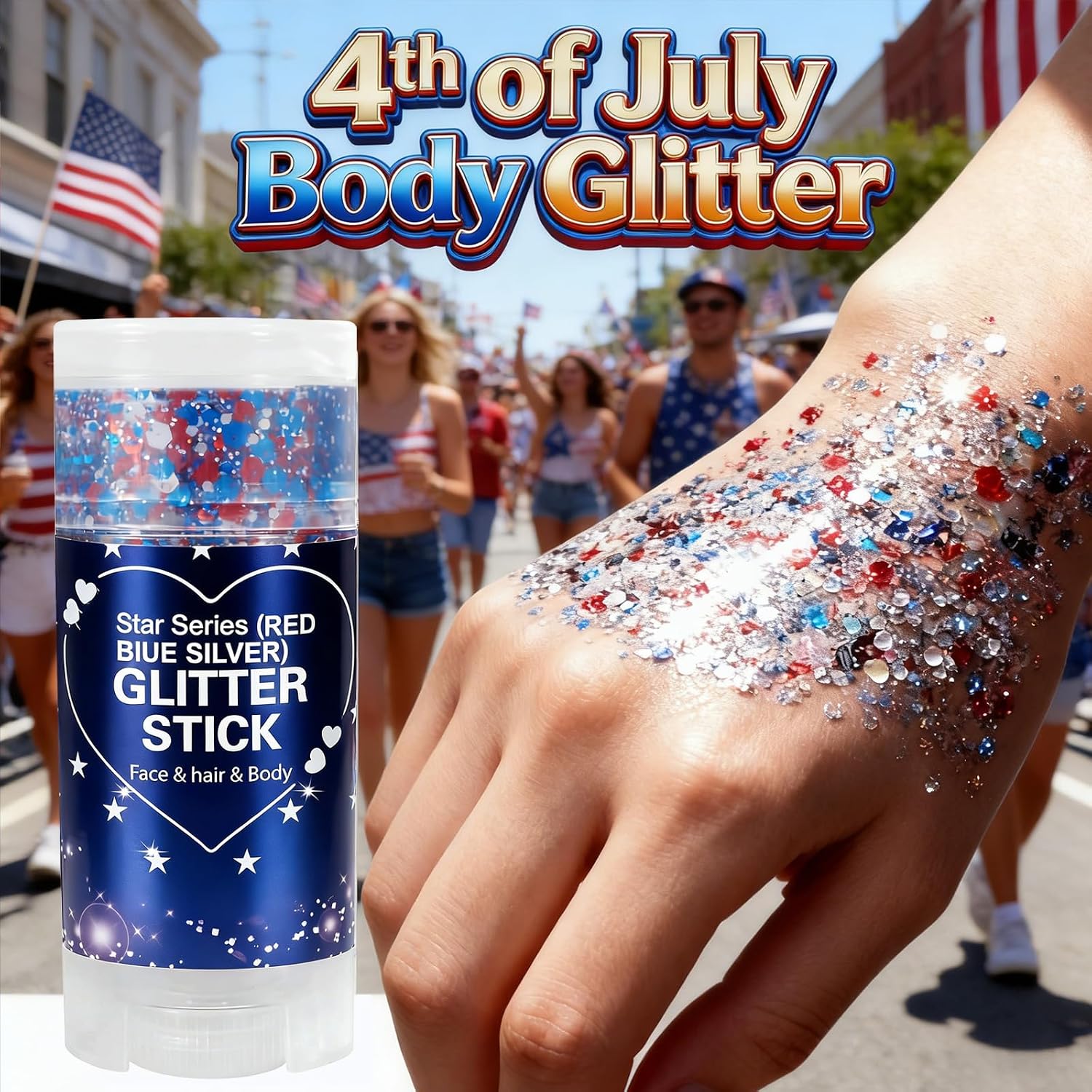 Patriotic Red White and Blue Glitter Stick,4th of July Outfits for Women Kids, Sparkling Face Body Hair Accessories for 4th of July Glitter Stick, USA Flag Makeup for Memorial Day 250 Anniversary