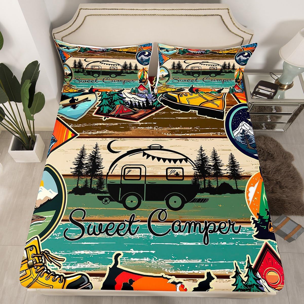 Camp Travel Car Fitted Sheet Full,Camper Bed Sheets Happy Glamping Trailer Sheets Old Barn Cottage Cabin Camping Decor for Camper,Retro Farmhouse Decor