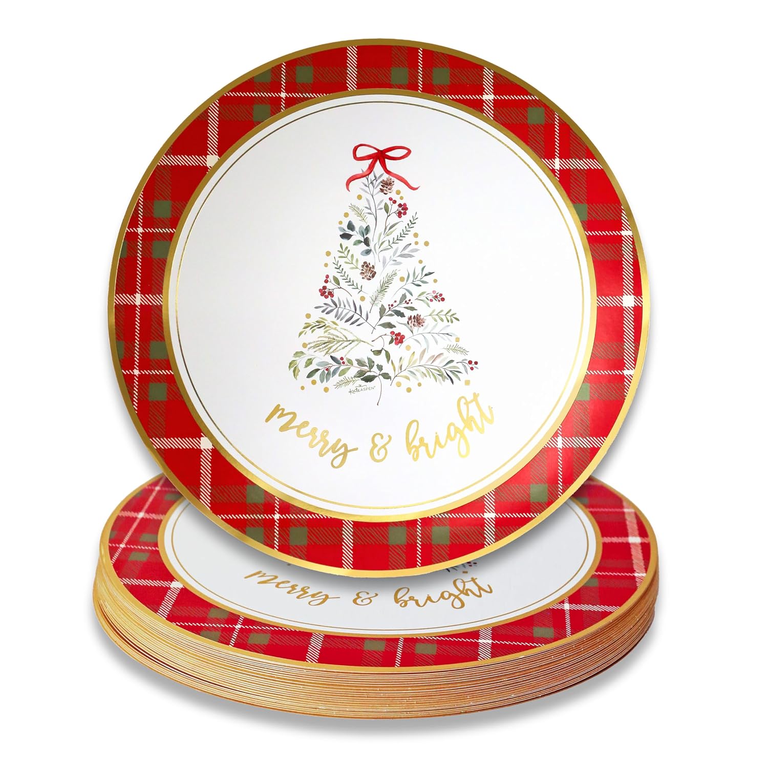 Kate Aspen 13" Disposable Holiday Placemats/Chargers, 24-Pack – Spillproof & Durable Merry & Bright Christmas Tree Design & Festive Red & Green Plaid Border