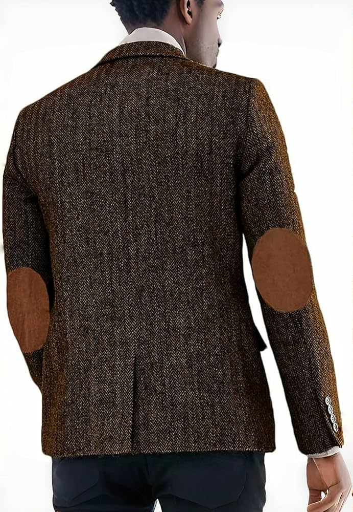 ジャケット・アウター HERRINGBONE TWEED STAND COLLAR COAT FIXRIMCH Men's Tweed Jackets Herringbone Peaked Lapel Three