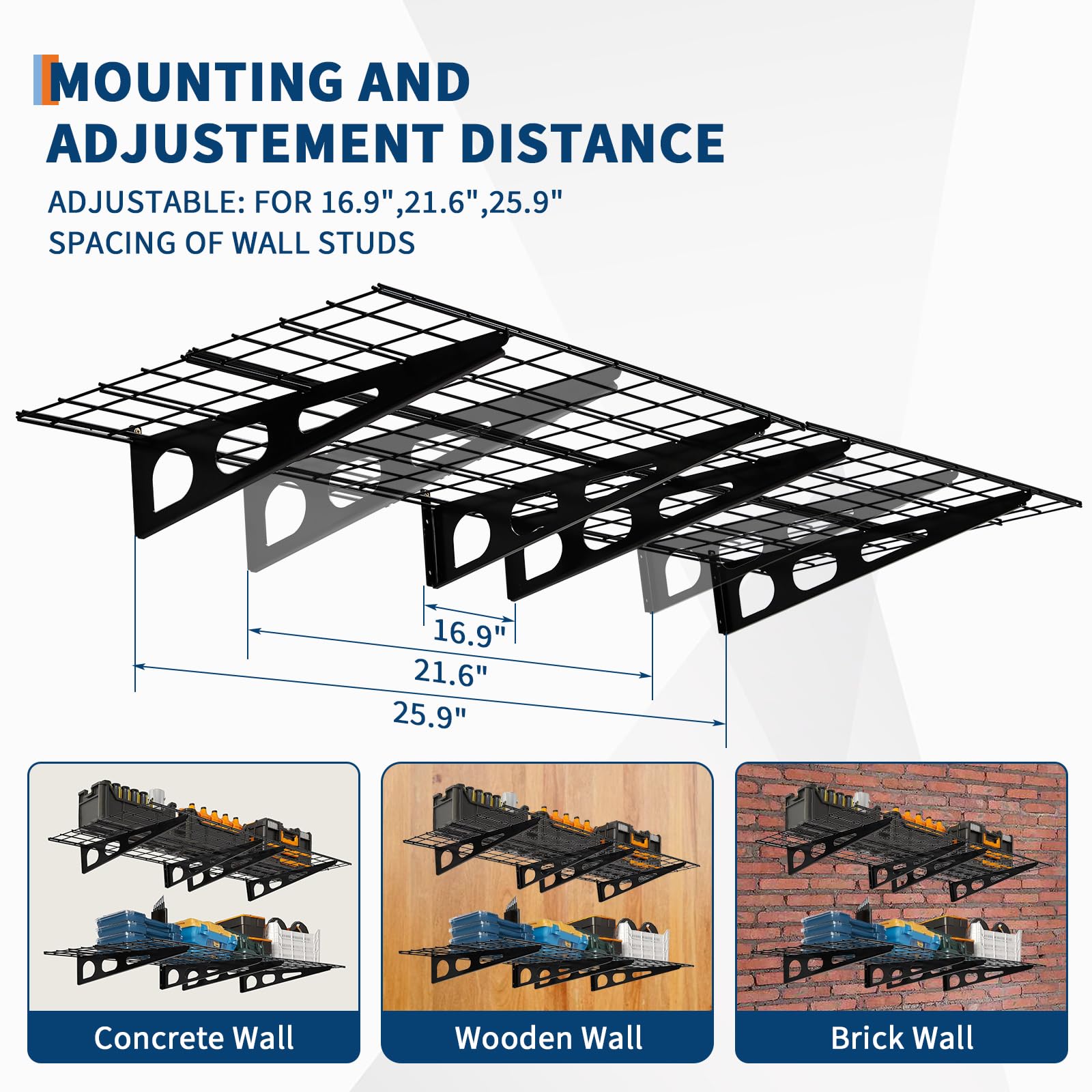 GarveeLife Alta resistencia y capacidad de carga - Estante de pared metálico para garaje - Soporta hasta 725 kg - Ajustable y multifuncional para garaje, cocina, lavandería, almacén y taller - 2x6