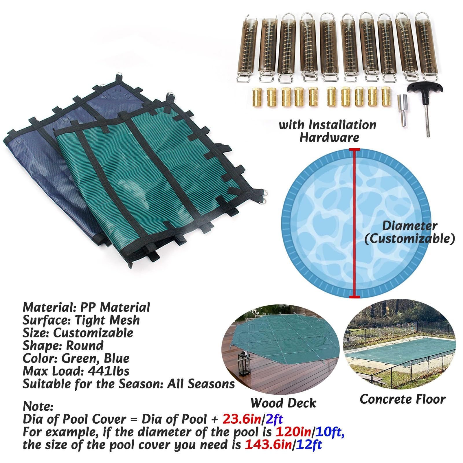 Bâche de sécurité pour piscine creusée avec ancres, ressorts et kit d'outils pour la protection hivernale