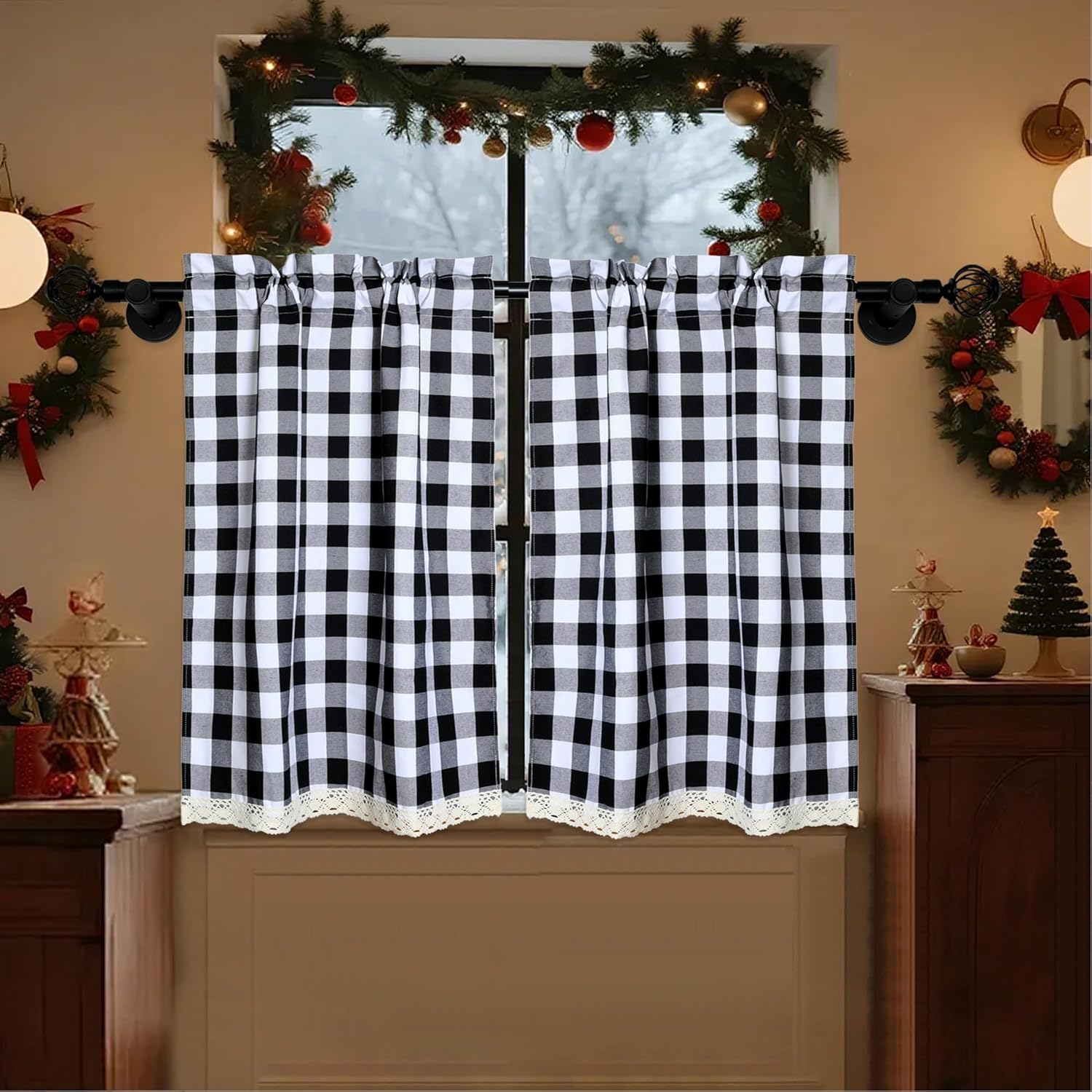 2 Pcs Scottish Plaid Tier Curtains Rod Pocket Small Window Curtain Green Vintage Geometric Design Kitchen Bathroom Curtains with Lace Trim, 28x48 Inches