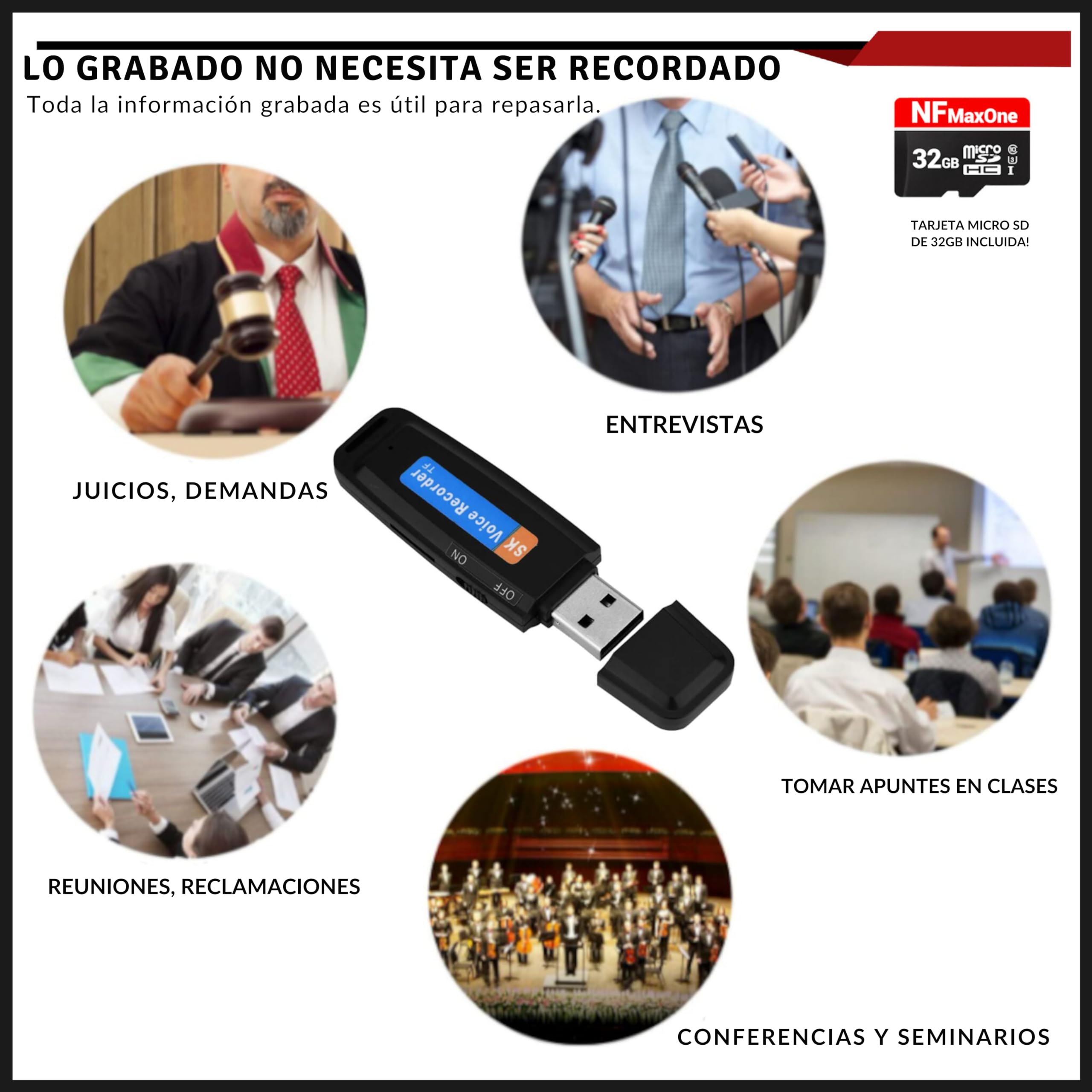 Grabadora de Voz Espia Digital con MicroSD de 32 GB incluida | Mini Grabadora de Audio Ideal para Reuniones, Entrevistas, Clases | Grabadora USB Espia Portatil con hasta 500 Horas Grabación ST