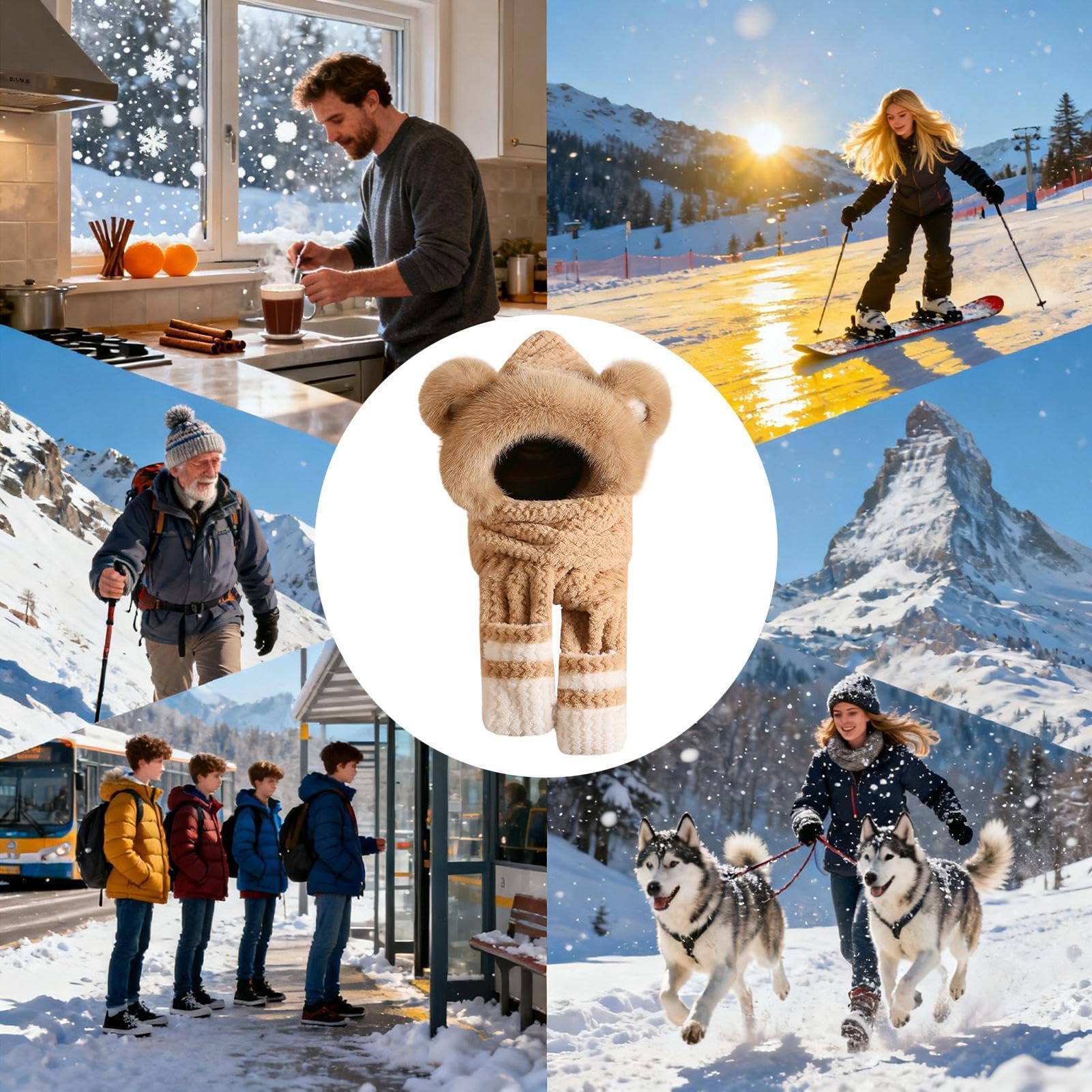 Écharpe d'hiver à capuche en peluche en forme d'ours avec gants intégrés - Cache-cou pour skieurs, randonneurs, coureurs et utilisation quotidienne