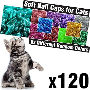 120 pcs Glitter Soft Cat Claw Caps for Cats Nail Claws 6X Different Random Colors + 6X Adhesive Glue + 6X Applicator, Pet Cap Tips Cover Paws Grooming Soft Covers (XS)