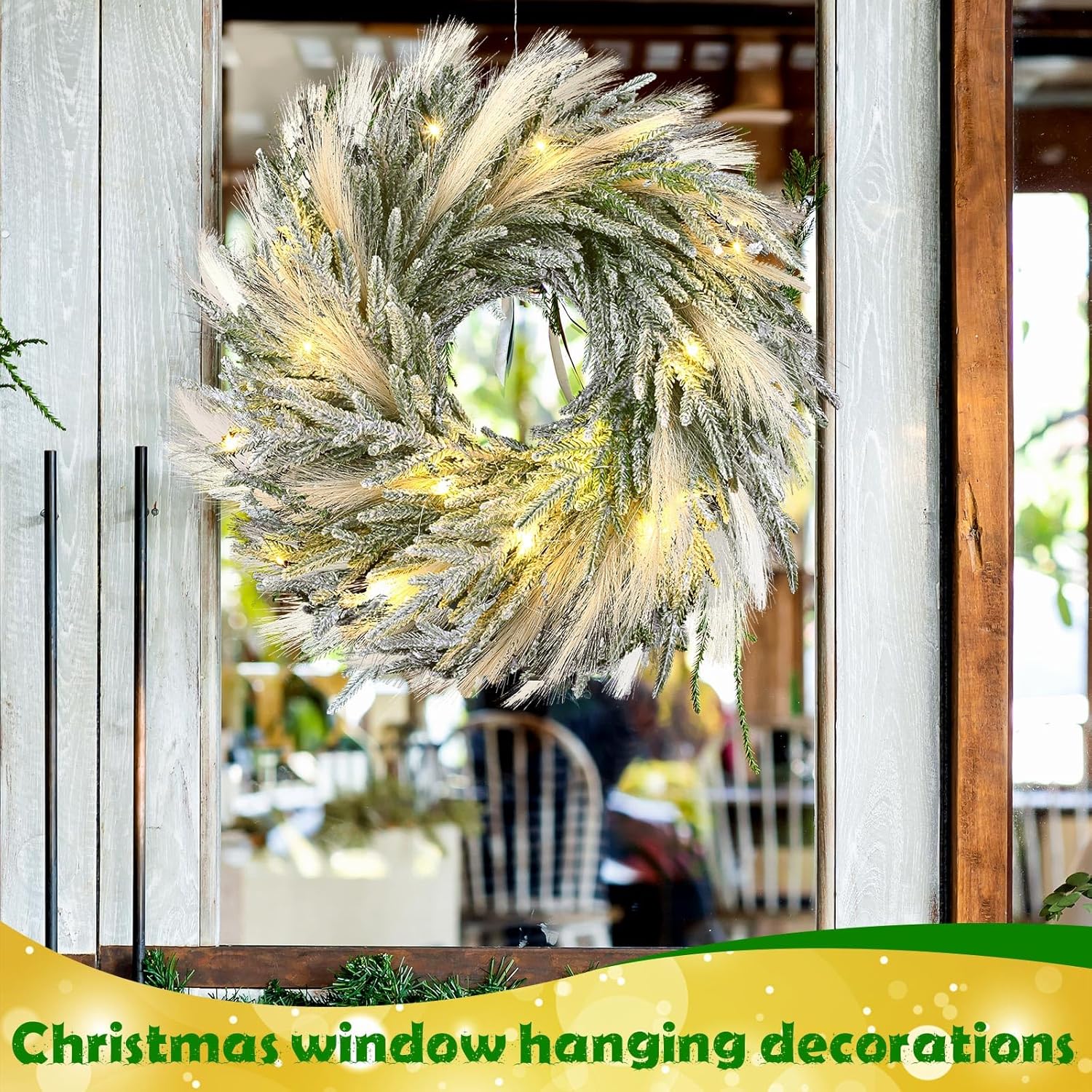 Juexica 19.7 Inch Lighted Christmas Wreaths for Front Door Flocked Norfolk Pine Wreaths with Boho Pampas Grass White Coastal Xmas Decor for Indoor Outdoor Wall Window Home Xmas Seasonal Decor