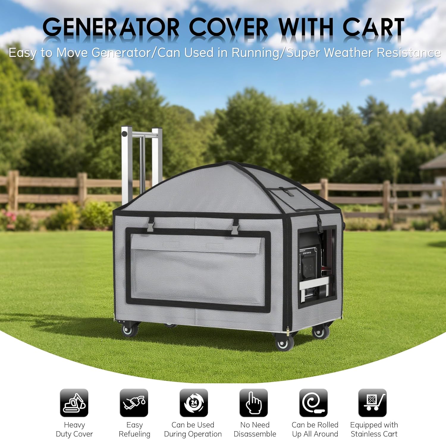 Generator Covers While Running, (23.2X14.1X19.6inches), Portable GeneratorCover with Cart, for HD-iPower-Champion1000w-2500w Portable Generators,900D Covers +201heavy-duty stainless steel Cart.
