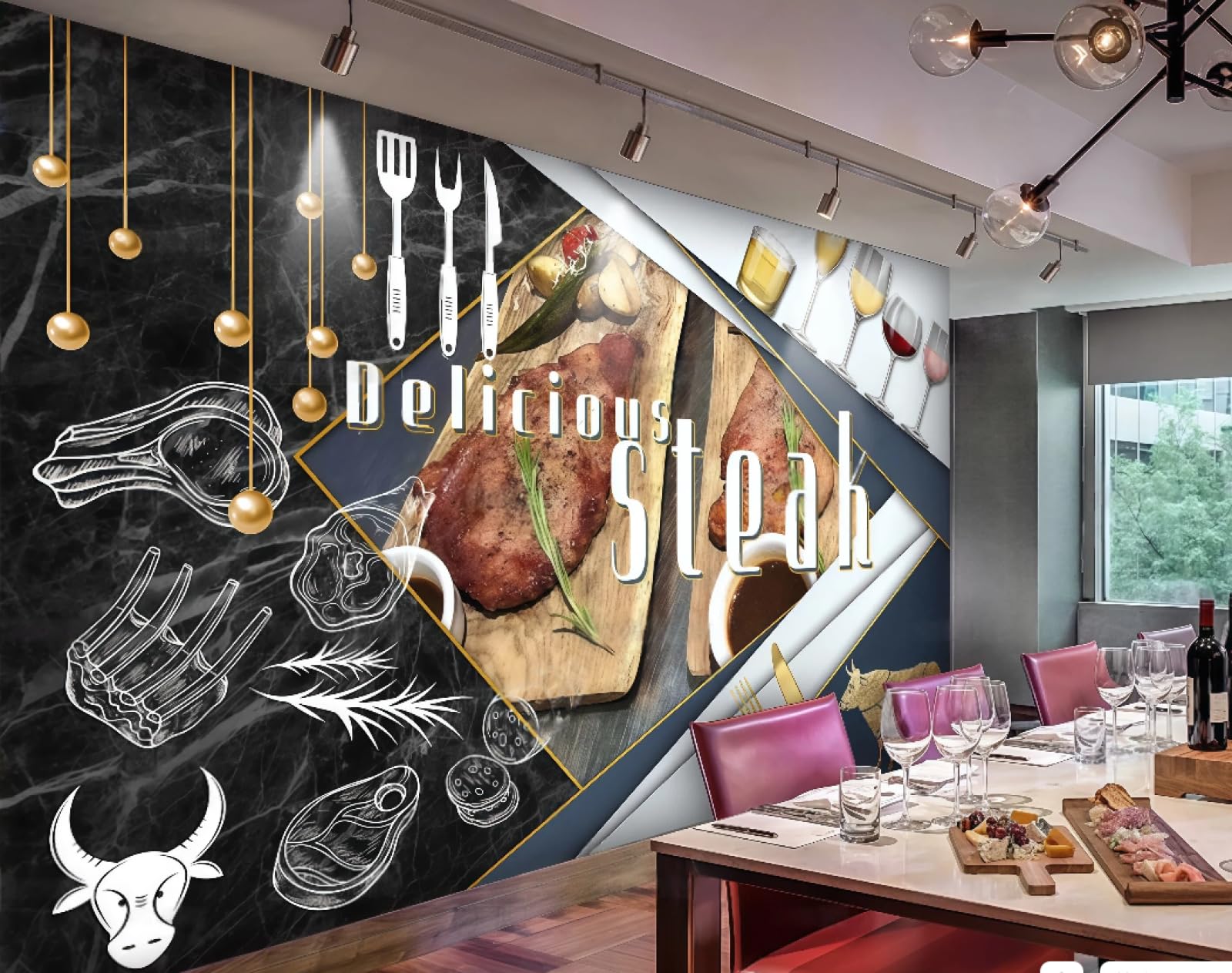 Rskjdghshd 3D Wallpaper Delicious Steak Gourmet Cake Room Afternoon Tea Drink Shop Black Marble Background Wall Western Restaurant Wallpaper Cafe Mural,,250X175cm