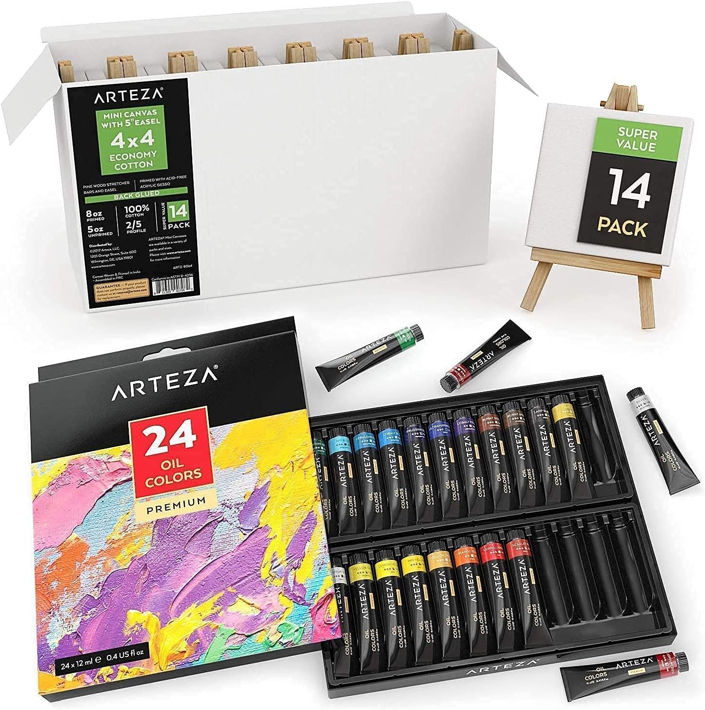 Arteza Oil Painting Bundle, 24Color Oil Painting Set with 14Pack of 4x4inch Mini