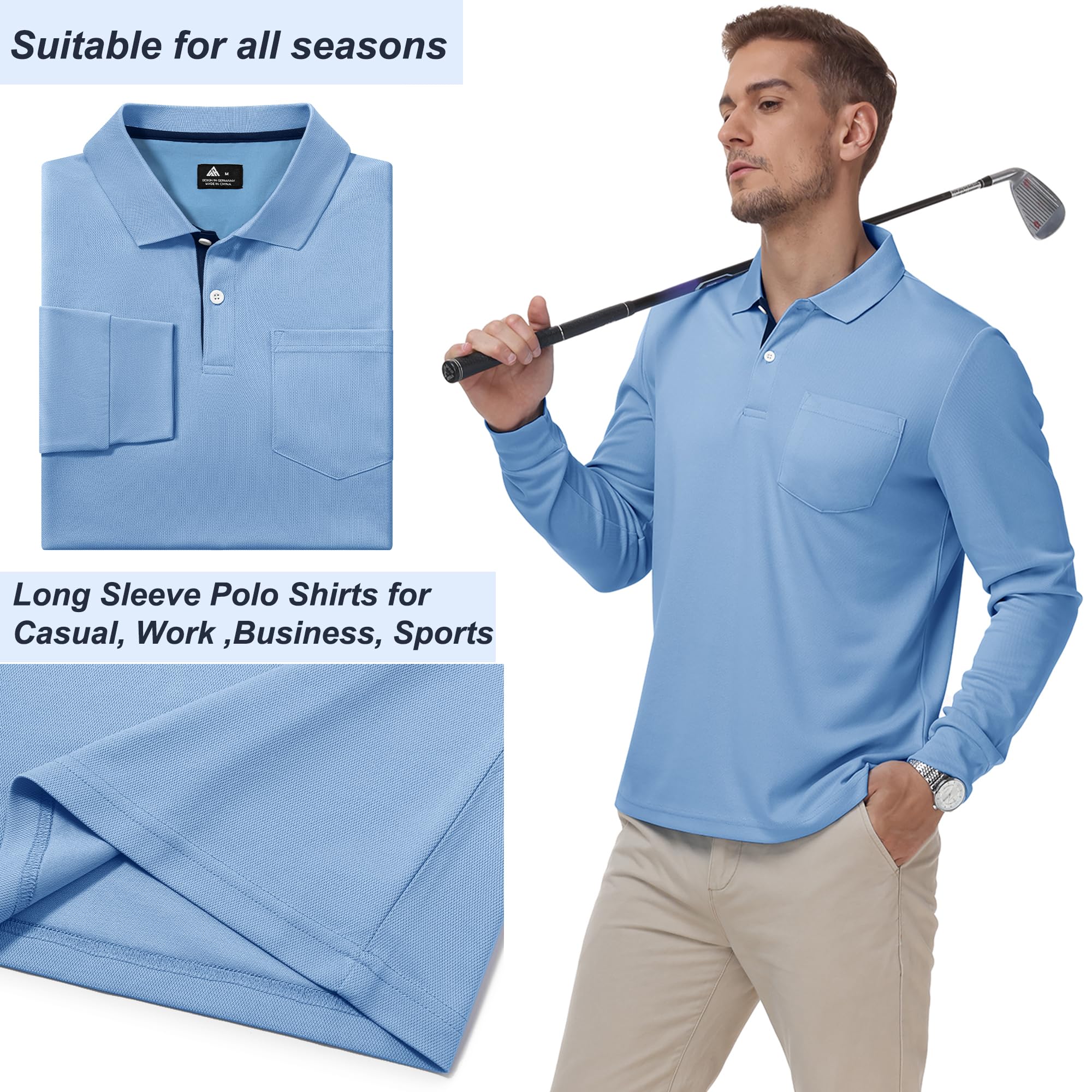 SwissWell 3er Pack Poloshirt Herren Langarm Atmungsaktiv Poloshirt Set Leicht Arbeitshemd Golf Polohemd Frühling Herbst Sport T Shirt mit Tasche