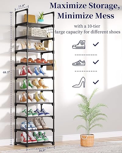 Miniatura 7 de Kitsure Zapatero  Organizador de zapatos de 10 niveles con estantes de tela desmontables y marco de metal, zapatero alto para armario, entrada, sala