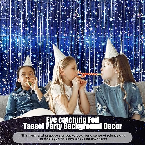 Miniatura 7 de Paquete de 5 cortinas de papel de aluminio espacial con temática de galaxia, cortinas de oropel metálico con flecos, accesorios para cabina de