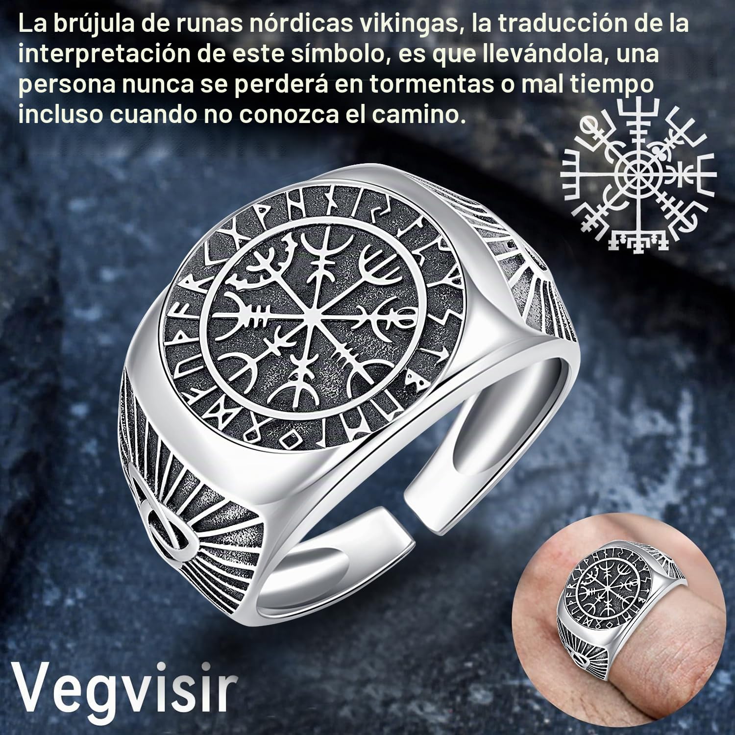 Anillo para Hombre Plata de ley 925 Anillo Runas Vikinga Brújula Vegvisir Anillo Nórdico Joyería de Protección para Hombre Mujer