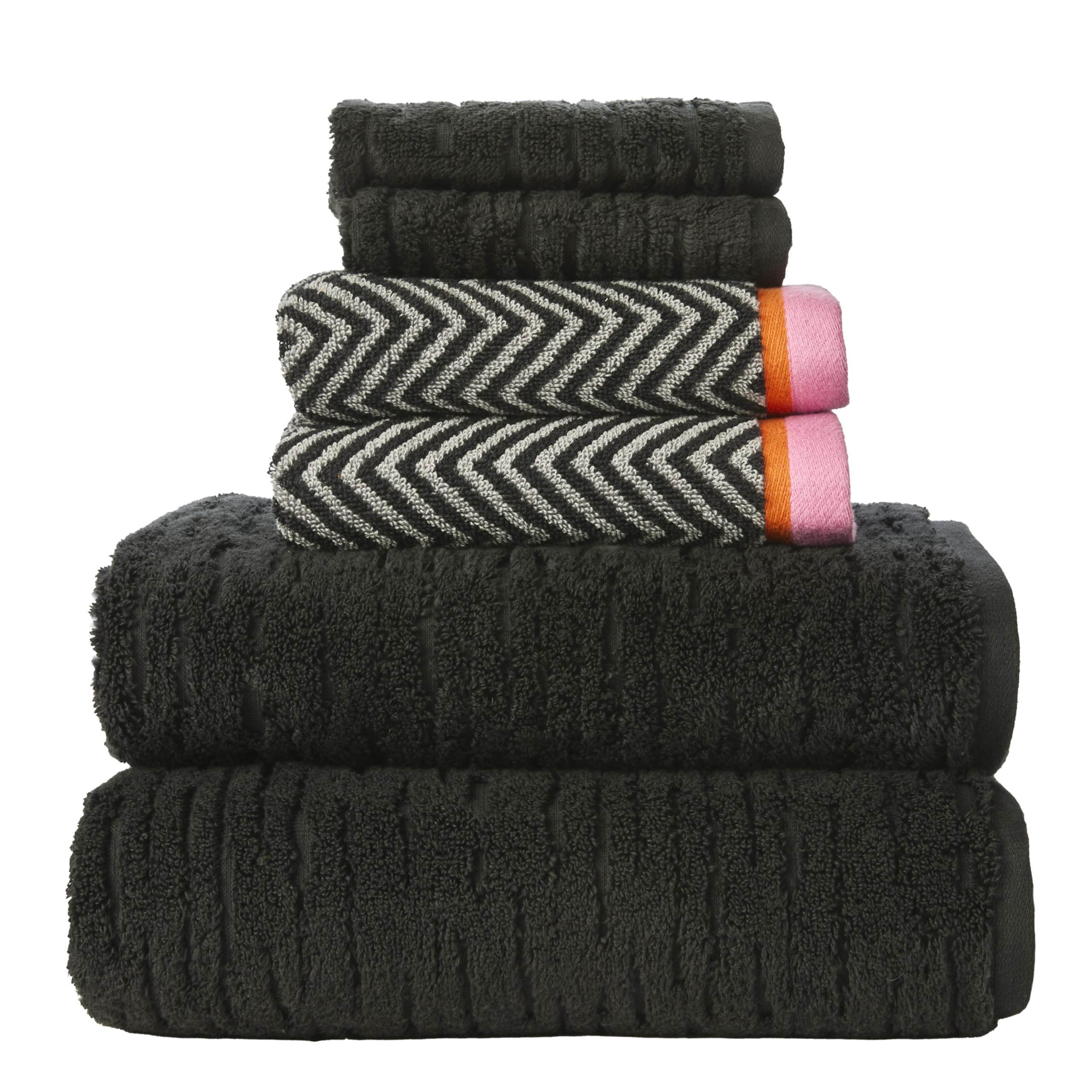 SKL Home CloudSoft/Herringbone & Border Bath Towel Set-6pc, Slate | 2 Bath towels, 2 hand towels, 2 washcloths. 600 GSM. Soft & absorbent, reversible jacquard. Premium spa-level quality.