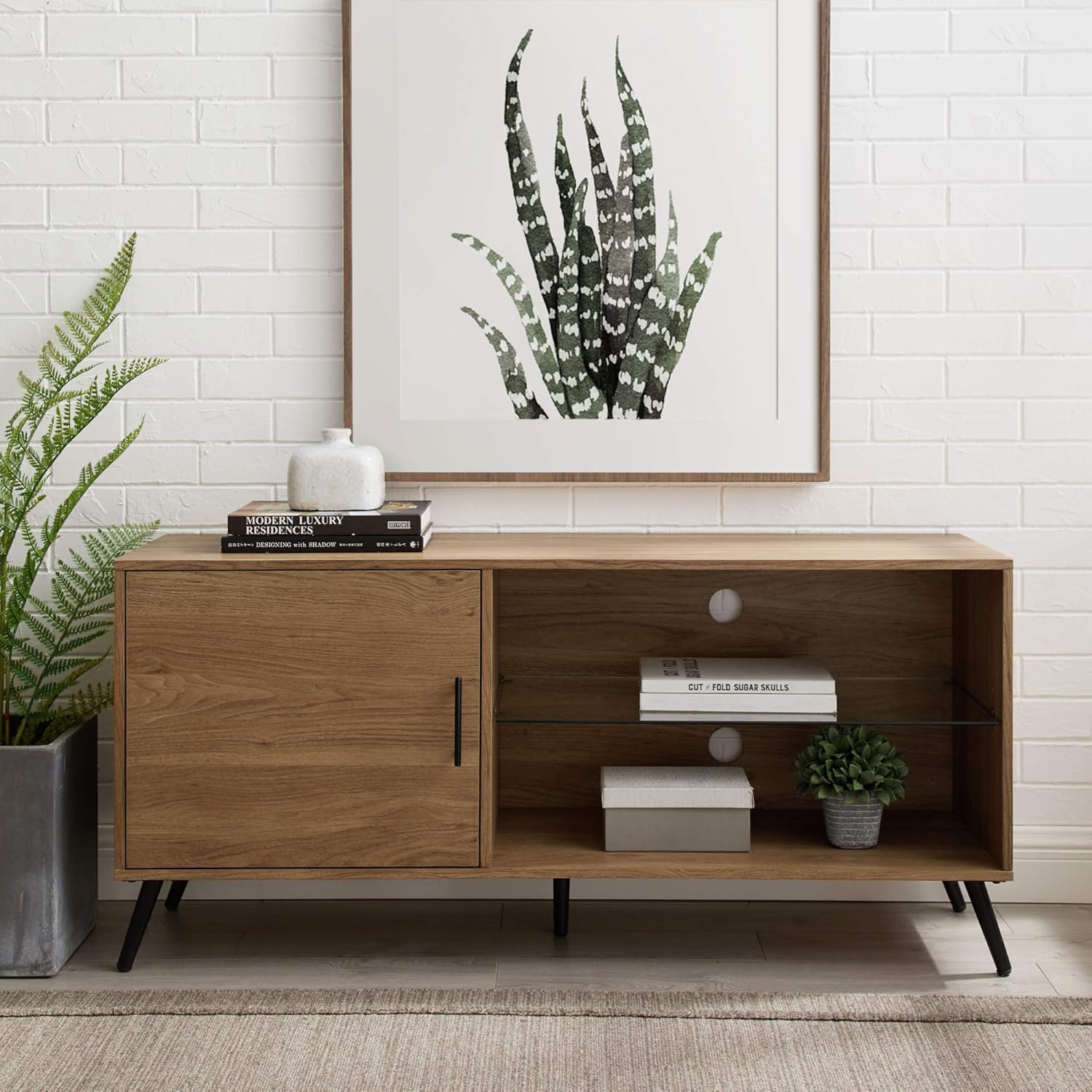 Walker Edison Englewood Mid Century Modern Glass Shelf TV Stand for TVs up to 65 Inches, 60 Inch, Walnut : Home & Kitchen