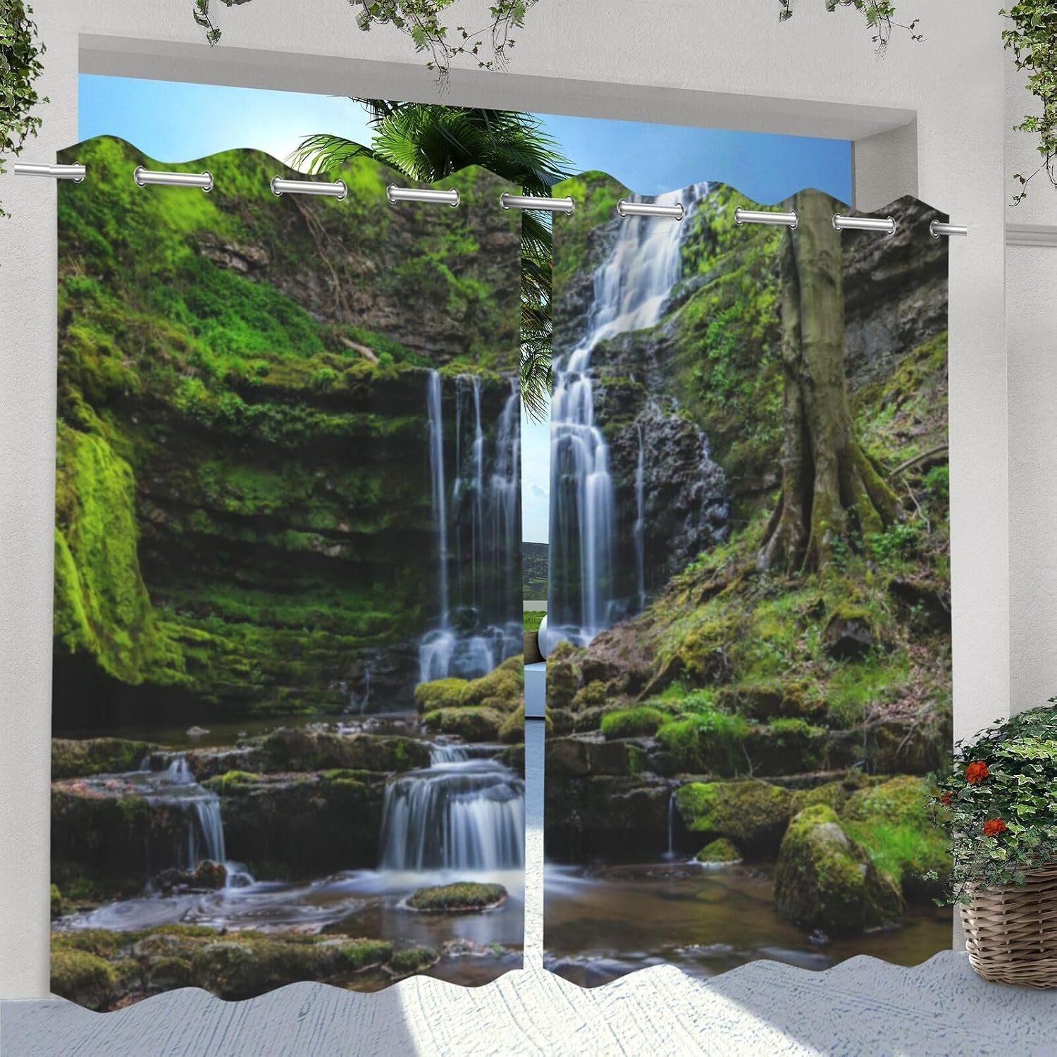 Natural landscape theme Outdoor Curtains for Patio Waterproof,forest trees plants and waterfalls pattern,UV and Fade Resistant Outside Curtains for Gazebo, Front Porch, Pergola,2 Panel,W42 x L84,green