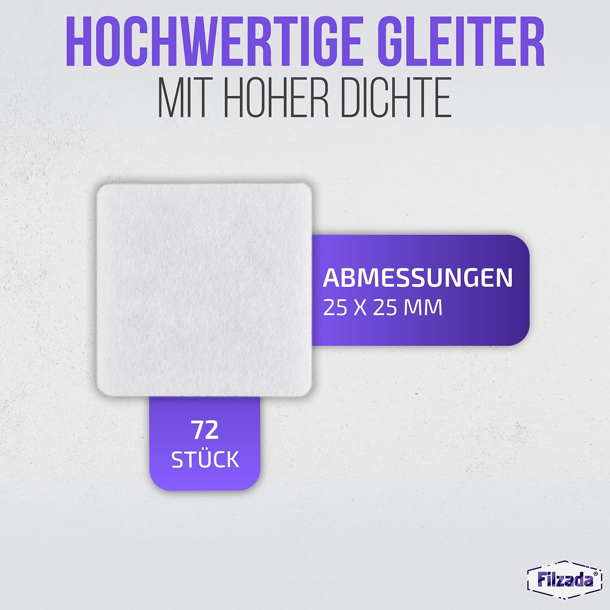 Filzada® 72x viltglijders zelfklevend - 25 x 25 mm vierkant - wit - professionele meubelglijders vilt met ideale kleefkracht