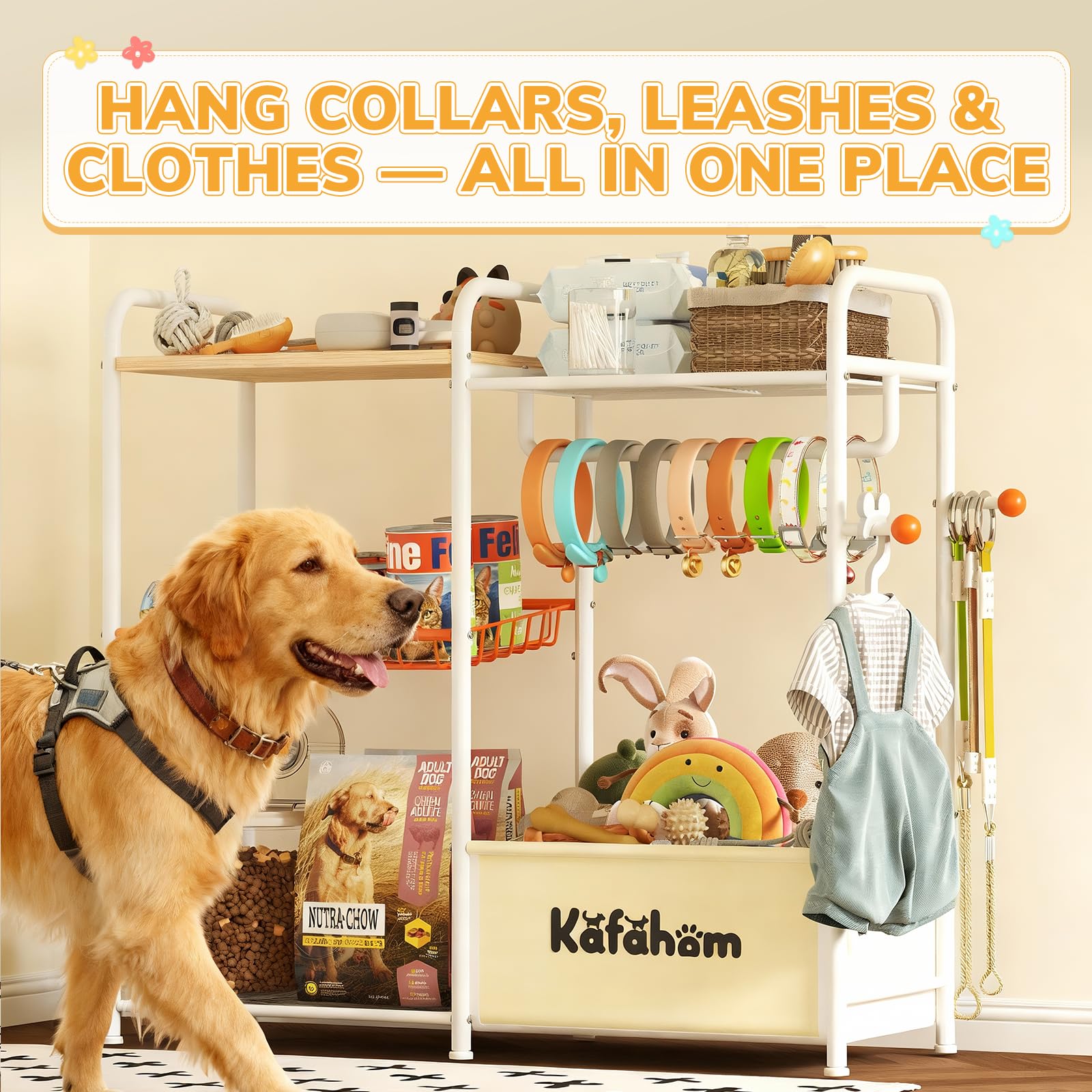 KAFAHOM Cestino per giocattoli per cani e accessori per animali domestici, stazione di alimentazione multifunzionale per gatti con organizer per lattine e postazione per animali domestici, grande