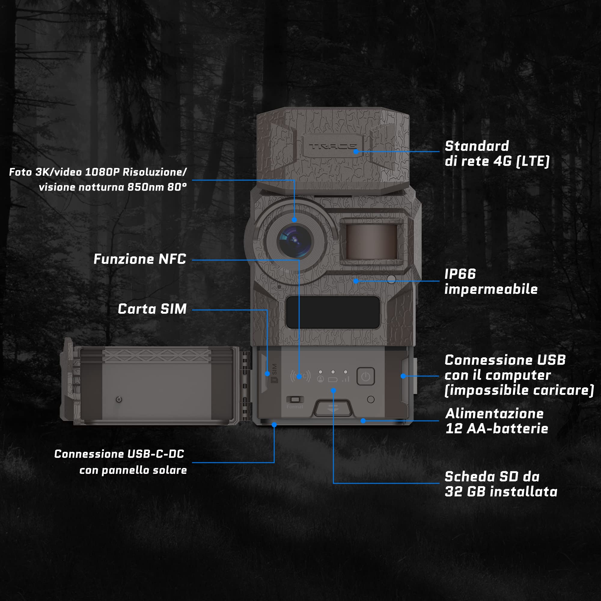 Camojojo Trace Fototrappola con SIM 4G LTE, Foto trappola infrarossi invisibili, Fotocamera caccia con IP66 impermeabile, Scheda SD da 32 GB, Multifunzioni APP, Tempo di funzionamento più lungo