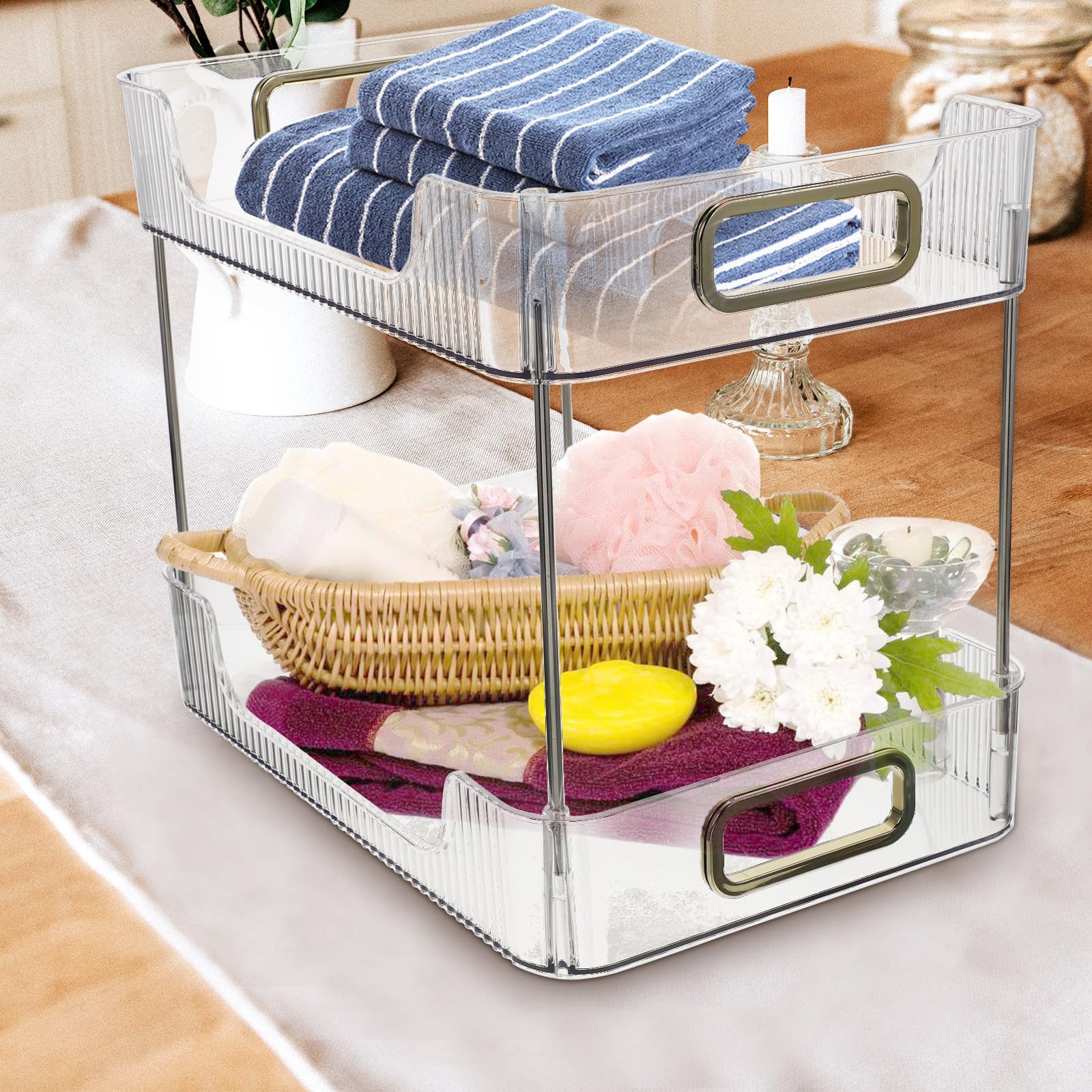 Kichvoe Organizer da Bagno da Appoggio a 2 Livelli, Scaffale Espositivo Trasparente per Cosmetici, Ripiano Doppio Salvaspazio per Articoli da Toeletta e Accessori Bagno, per Piano Lavabo