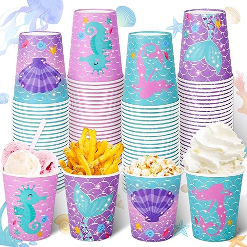 Whaline 100 vasos de papel de sirena de 9 onzas, vasos de papel de animales marinos, tazas de té de café y océano de verano, tazas desechables para