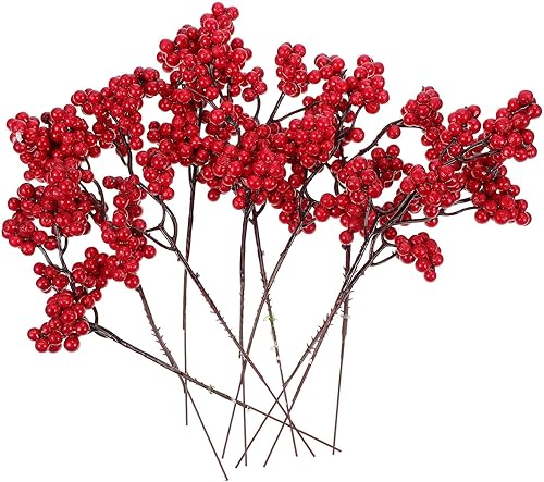HOMSFOU 10 tallos artificiales de bayas rojas de Navidad, ramas de bayas rojas de acebo, para decoración de árbol de Navidad, suministros de