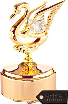 Matashi 24K Gold Plated Swan Music Box Crystal Studded Figurine for Christmas, Valentines Day & Mothers Day Stunning Home Decor Gift for Mom, Wife, Grandma Plays Swan Lake