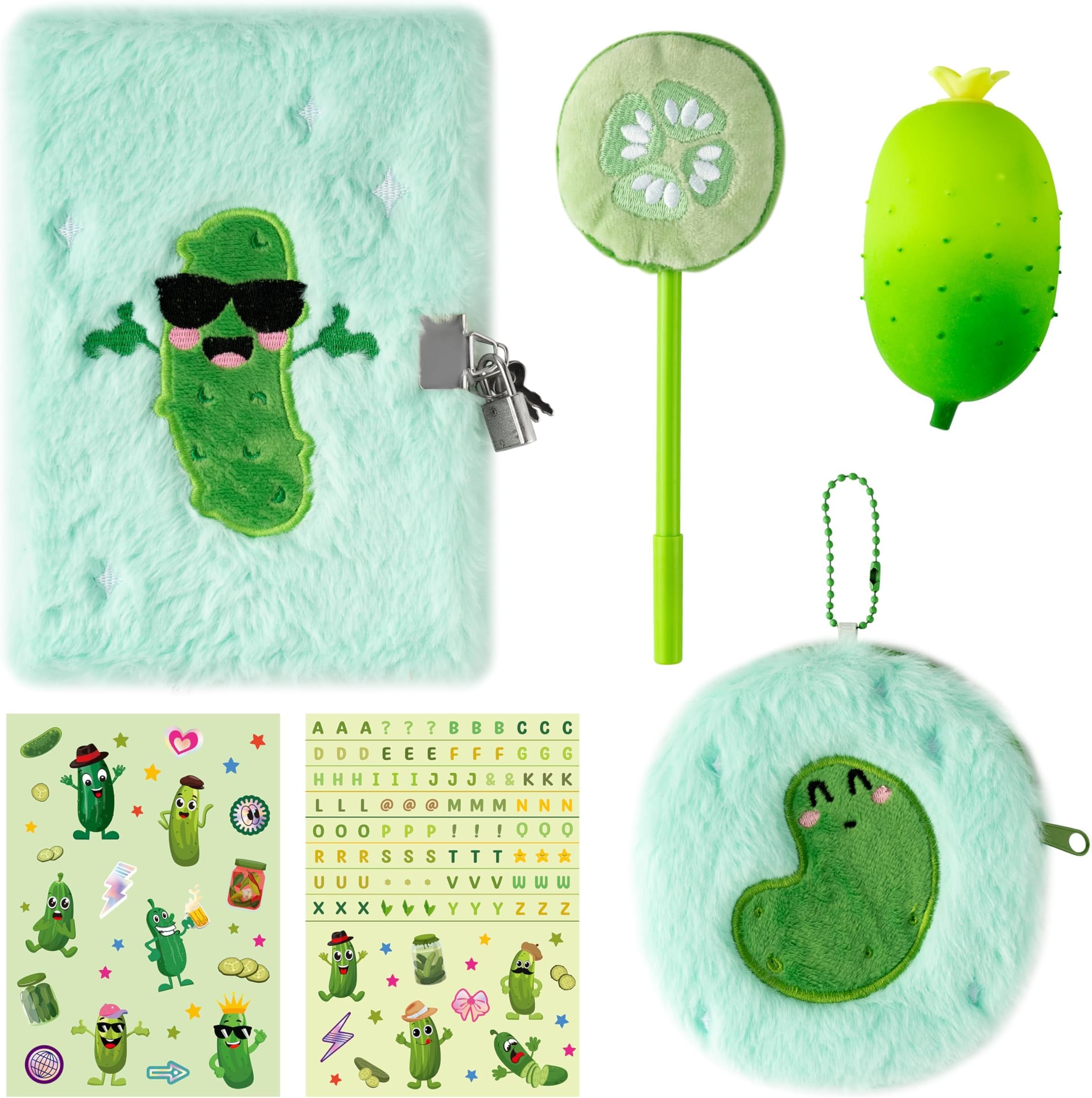 CY2SIDE 6PCS Funny Cucumber Gift Set for 6-8 Year Old Girls, Pickle Plush Secret Diary Journal with Coin Purse Pen Sticker and Pickle Stress Ball, Birthday Gifts
