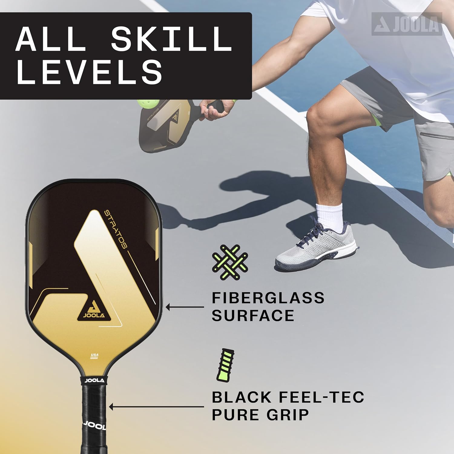 JOOLA Stratos Pickleball Paddle – Lightweight Fiberglass with Polypropylene Core - USAPA Approved - Large Sweet Spot for Added Control - Pickle Ball Paddle for All Players - Multiple Color Options