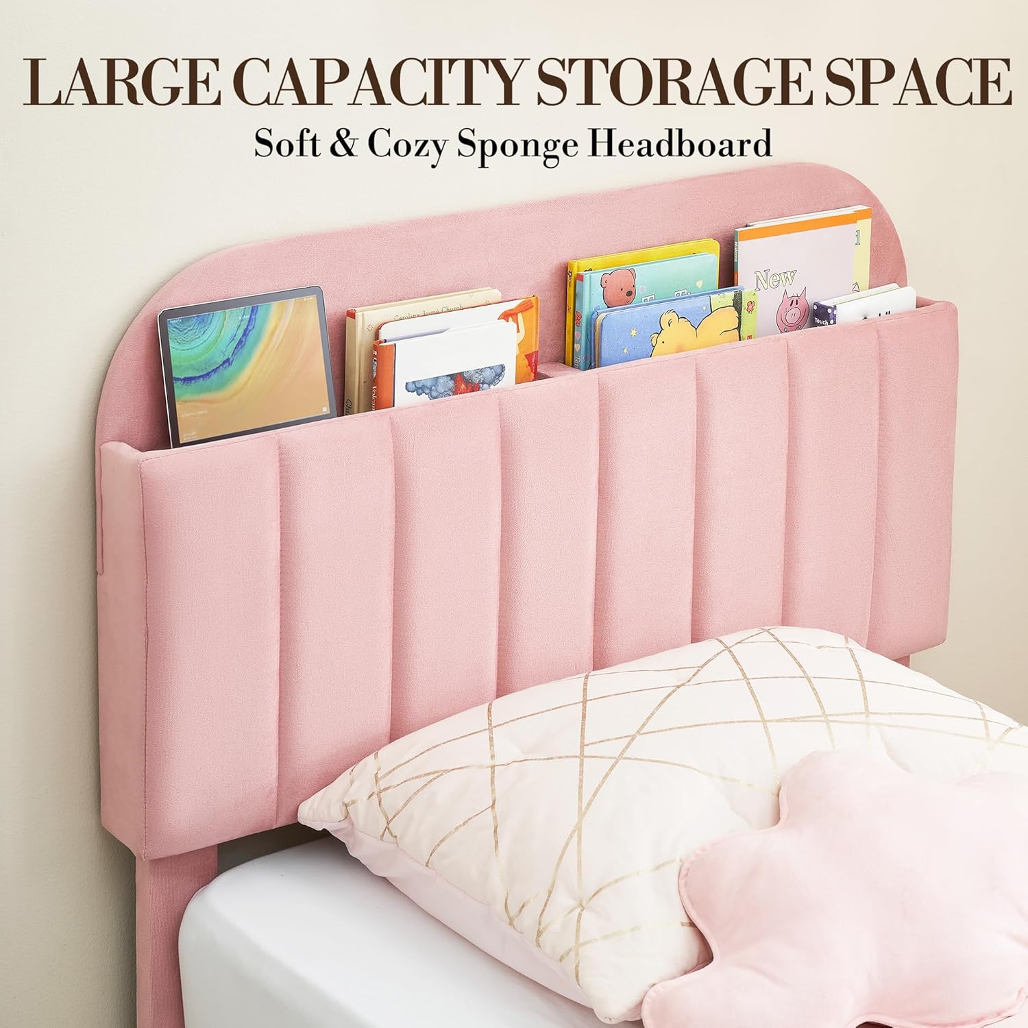 GAOMON Twin Bed Frame with Bookcase Headboard, Upholstered Platform, Kids Bed Frame Twin Size Bed with Wooden Slats Support for Boys, Girls, Teens, No Box Spring Needed