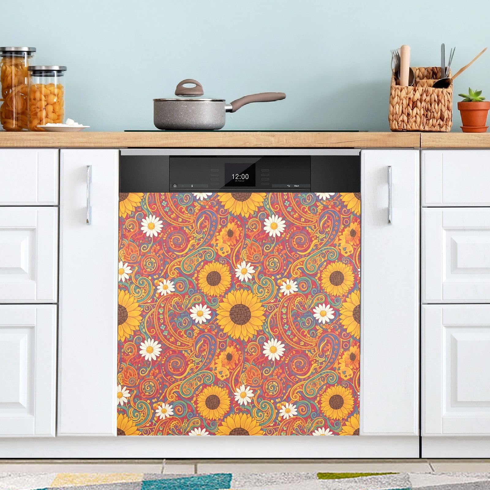 Dishwasher Magnet Cover 58.42 x 66.04 cm Magnetic Dishwasher Door Cover Trimmable Appliance Decorative Panel Decal for Kitchen Cabinet Refrigerator Washer, Sunflowers