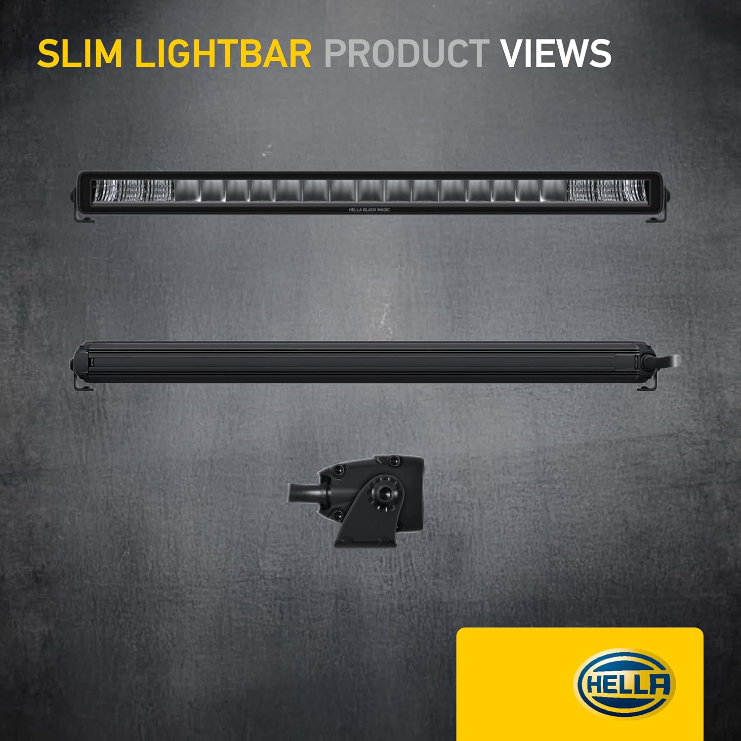 HELLA Slim Lightbar product views showing top, bottom, and mounting bracket