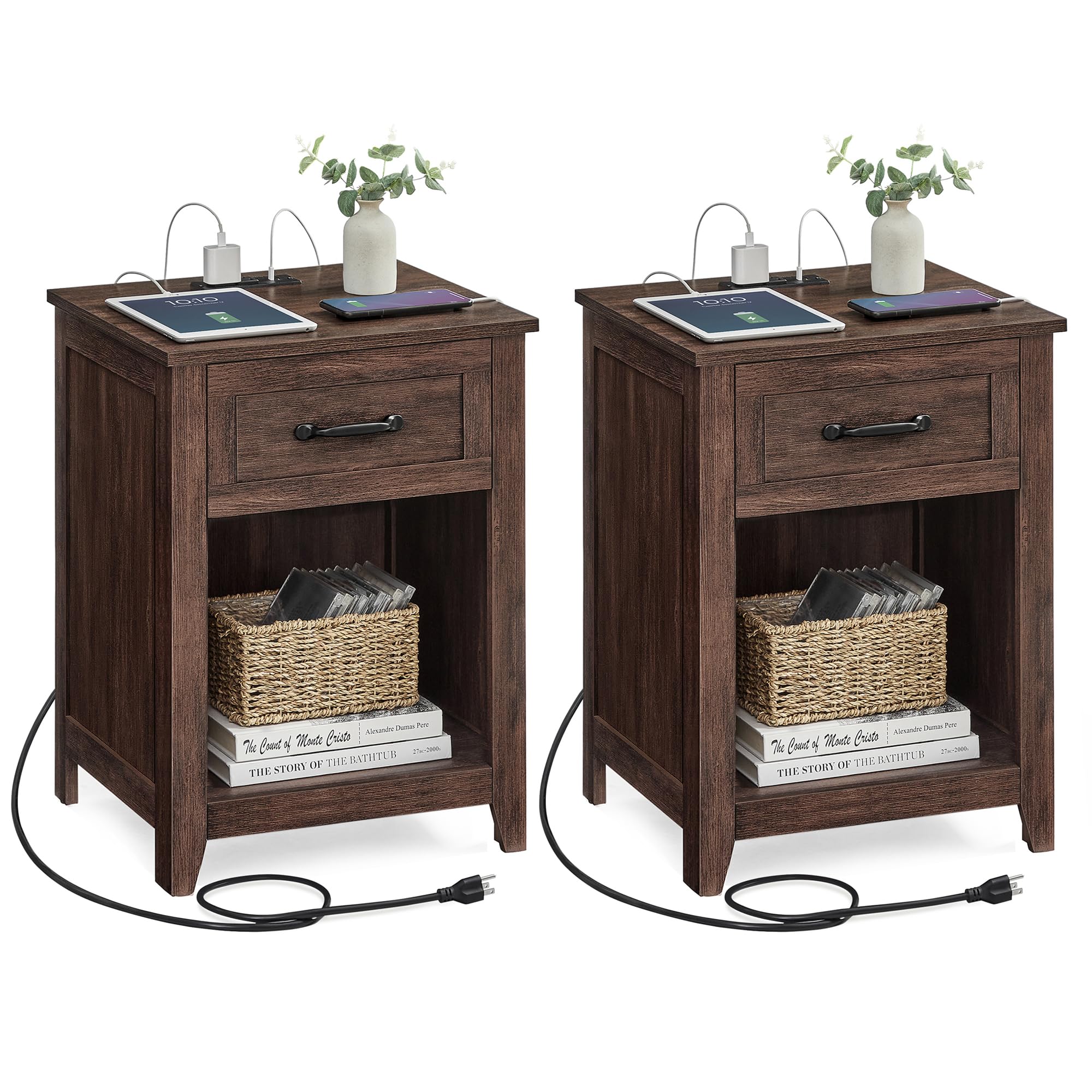 VASAGLE Farmhouse Nightstands with Charging Station, 1 Drawer, Set of 2