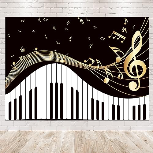 Newsely Telón de fondo con tema de piano de 7 pulgadas de ancho x 5 pulgadas de alto, notas musicales doradas y teclado de piano, elegante fondo