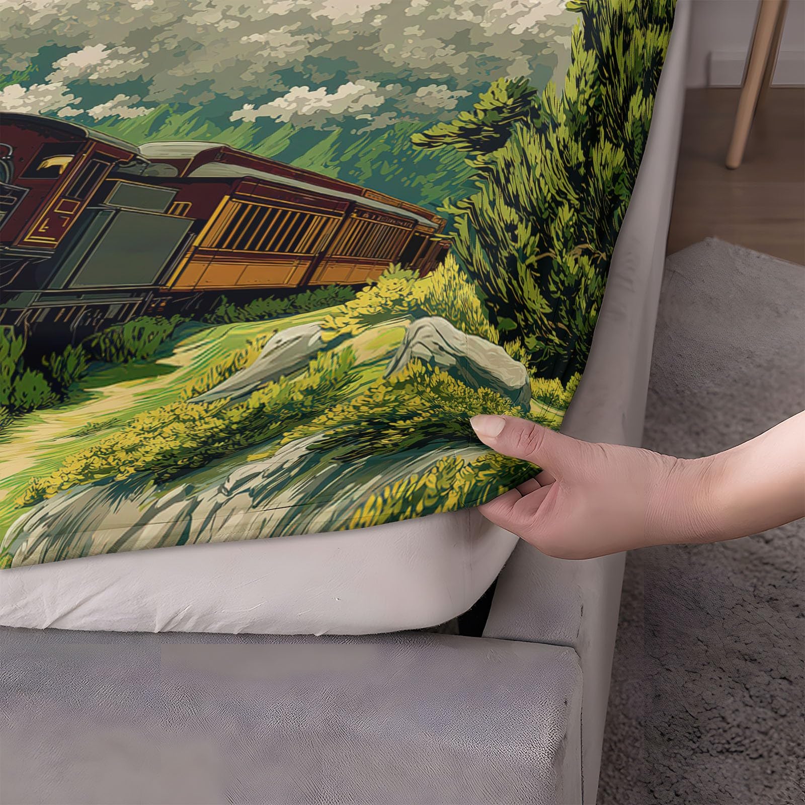 200 x 200 cm Drap Housse Microfibre, Montagnes Trains Forêts Imprimé Parure De Lit Doux Élastique Drap Housse 30 cm Profonde pour Matelas Epais - sans Plis - Convient à Toutes Les Saisons, Bleu Vert