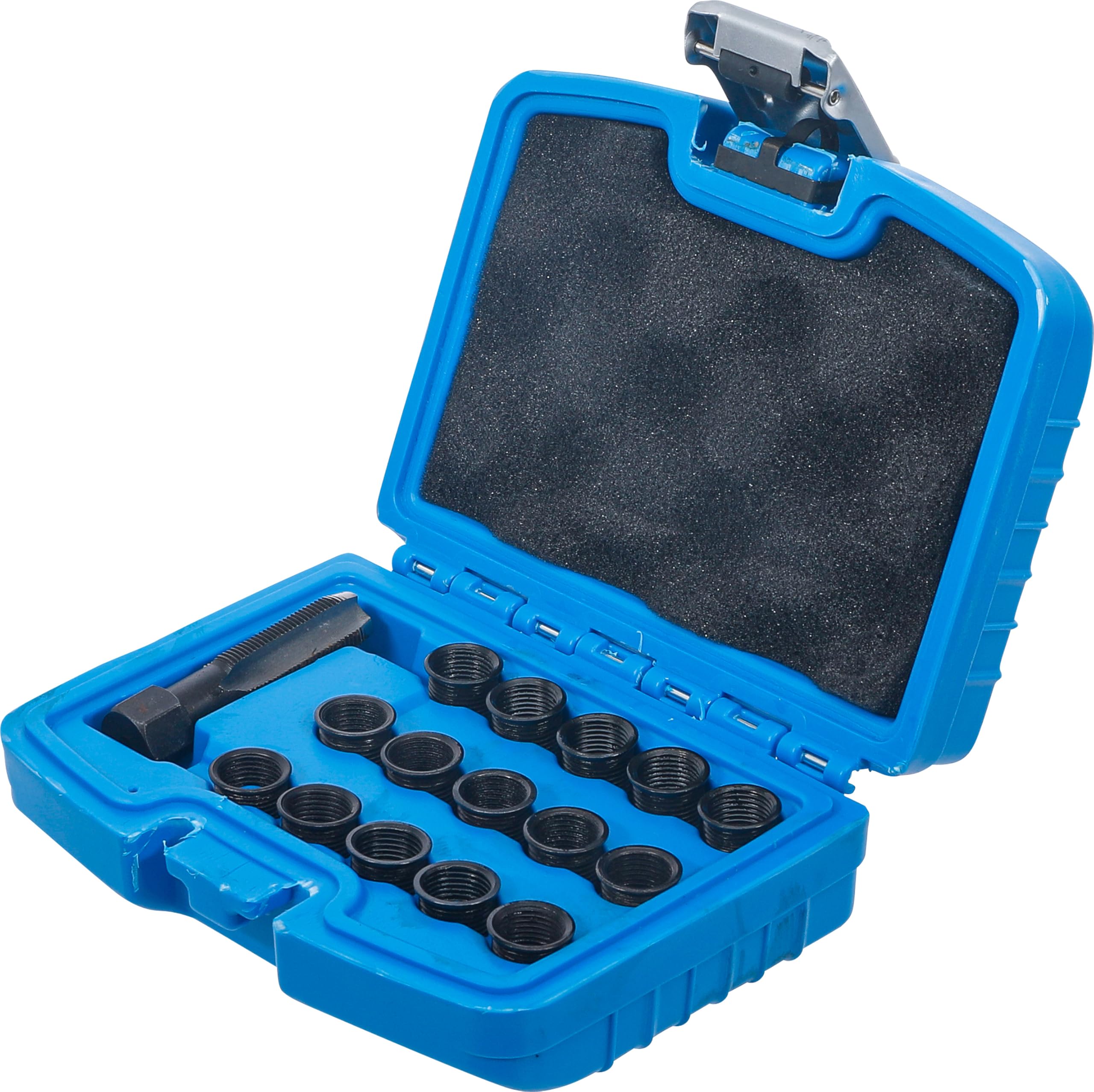 BGS 149 | Juego de reparación de roscas de bujías | M14 x 1,25 mm | 16 piezas | Macho de roscar de acero HSS-G, hexágono exterior de 16 mm, insertos de rosca 11, 16, 19 mm, negro bruñido
