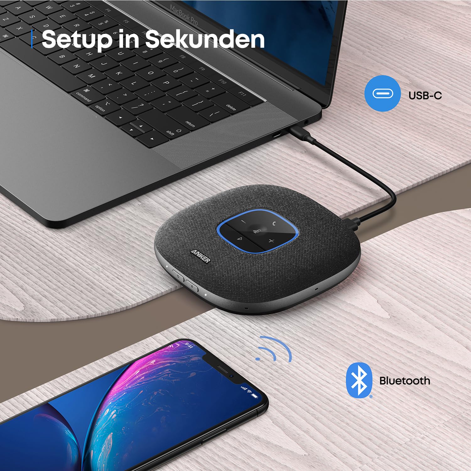 Anker PowerConf S3 Bluetooth Konferenzlautsprecher, 6 integrierte Mikrofone, verbesserter Tonaufnahme, 24 Std Gesprächszeit, App Steuerung, Bluetooth 5, USB-C, ideal für Büro und Homeoffice