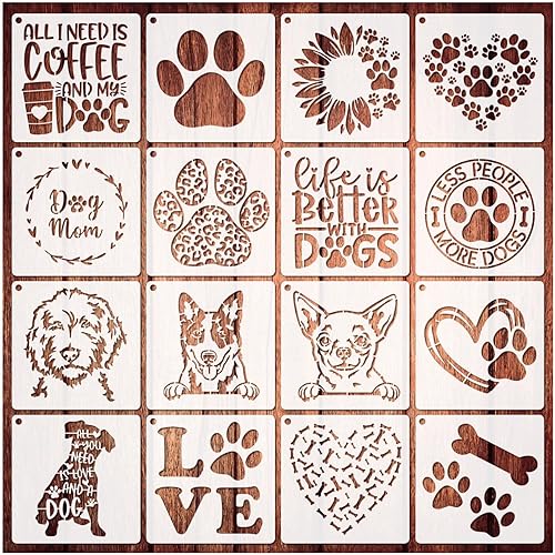 16 plantillas de perro con estampado de patas de perro, plantillas de amor, girasol, corazón, para pintar sobre madera, plantillas de pintura