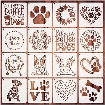 16 Pieces Dog Stencils Dog Paw Stencil for Painting on Wood Reusable Painting Templates for DIY Crafts Scrapbook Sign Shirt Canvas 16 Dog