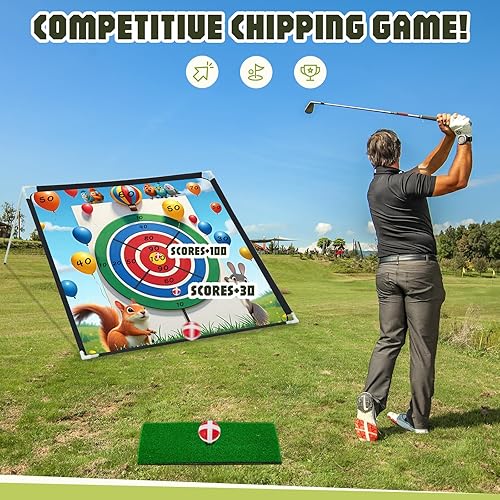 Miniatura 8 de Juego de astillado de golf portátil 2 en 1 de 6 x 6 pies, 2 alfombrillas de práctica de golf ajustables con palos de golf de 3 niveles, 40 bolas