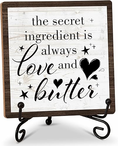 Letrero de madera para decoración de estante de cocina, con texto en inglés "The Secret Ingredient Is Always Love And Butter", letrero de madera de