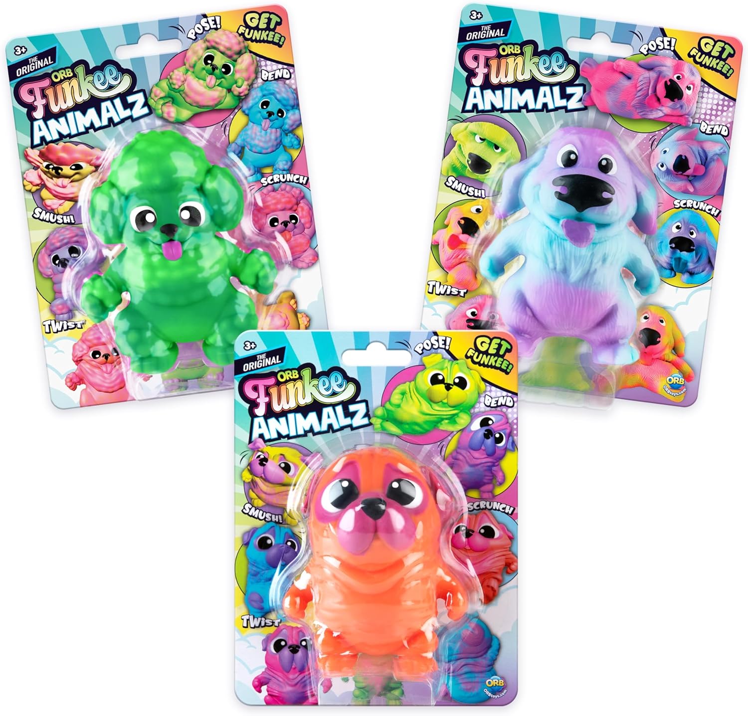 ORB Funkee Monkee Animalz Dog Squishy Toys Mega 3 Pack (Set 2) - Adorable Stretchy, Squishy Dog Squishies - Fun Puppy Stress Ball Toys - Funkee Dog Fidget Toys and Sensory Toys for Kids and Adults