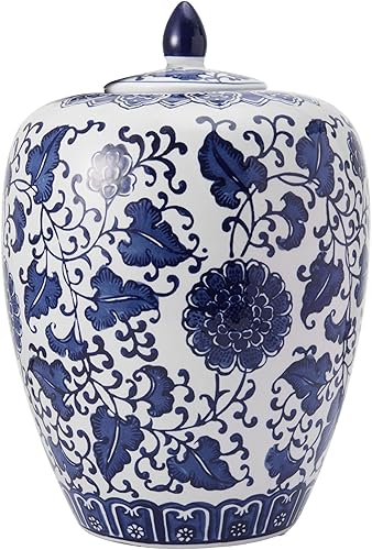 Mikasa Recipiente de cerámica floral azul y blanco de 8 x 8 x 12 pulgadas con tapa