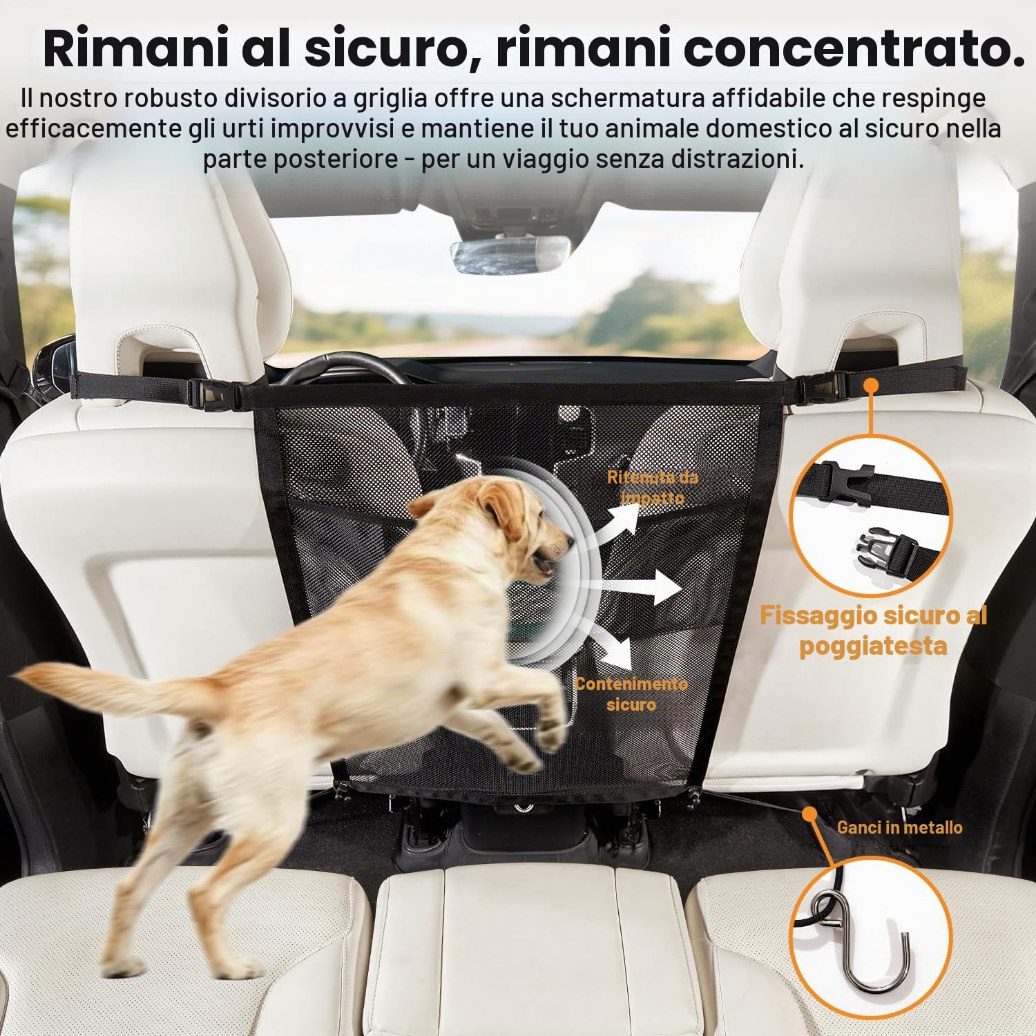 GGW Griglia per Cani per Auto con Tasche portaoggetti per Cani – Rete di separazione per Sedile Anteriore, barriera di Sicurezza Contro Il Cane dal Sedile Posteriore, Universale